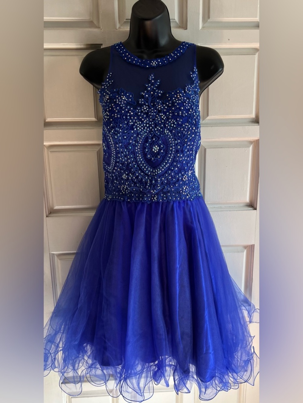 Beaded Royal Blue Sleeveless Tulle Party Dress